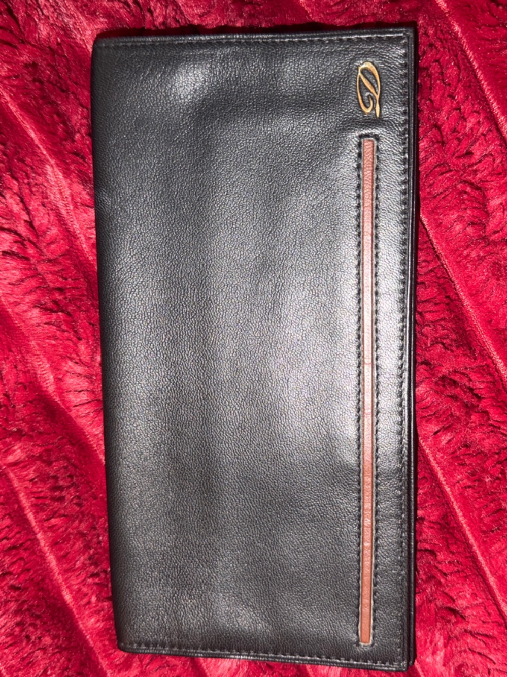 ST Dupont Paris Black Leather Envelope Clutch with Brown Trim and Gold Initial